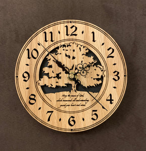 Round Oak clock with a tree and the words,"May the Peace of God, which transcends all understanding, guard your heart and mind" lasered in the face - 8" on easel