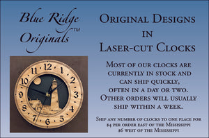 Our clocks, such as the round 3DC oak lighthouse clock shown, can ship quickly and inexpensively. 