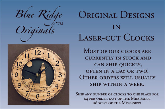 Our clocks, such as the round 3DC oak lighthouse clock shown, can ship quickly and inexpensively. 