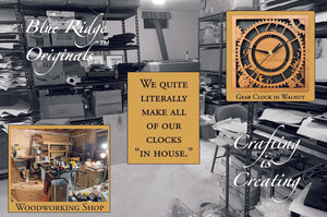 Our basement workshop (pictured) in a relatively clean state. We make all of our clocks in our home.