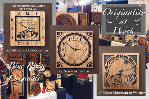 A collage of our lasered clocks with the caption, 