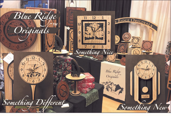 A collage of our original laser-cut clocks - Something Different - Something Nice - Something New