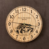 Round Oak clock with a mountain and the words, "Not all who wander are lost" lasered in the face - 6.5" size
