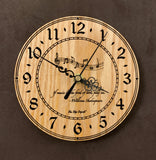 Round oak clock with music notes and the words, "If music be the food of love, play on" lasered on face - 6.5" size