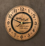 Round walnut clock with music notes and the words, "If music be the food of love, play on" lasered on face - larger sizes