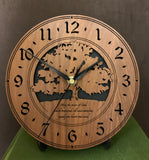 Round Walnut clock with a tree and the words,"May the Peace of God, which transcends all understanding, guard your heart and mind" lasered in the face - 8" on easel