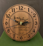 Round walnut clock with music notes and the words, "If music be the food of love, play on" lasered on face - 6.5" on easel