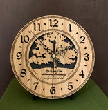 Round Oak clock with a tree and the words,"May the Peace of God, which transcends all understanding, guard your heart and mind" lasered in the face - 6.5" on easel
