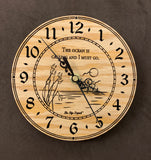 Round oak clock with an ocean scene of sun, birds and ripples in the water along with the words, "The ocean is calling and I must go" lasered in the face - 6.5" size