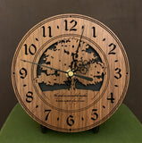 Round walnut clock with a tree and the words, "The good we accomplish together becomes a part of us forever" lasered on face - 6.5" on easel