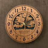 Round walnut clock with a tree and the words, "The good we accomplish together becomes a part of us forever" lasered on face - 6.5" size