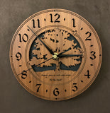 Walnut clock with lasered tree and small bird, with the words, "Family gives us roots and wings" - Larder sizes