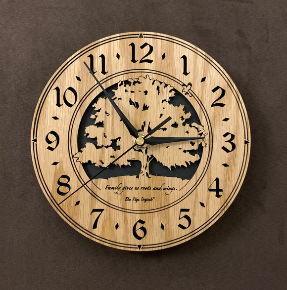 Oak clock with lasered tree and small bird, with the words, 