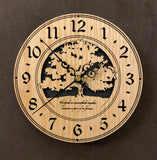 Round oak clock with a tree and the words, "The good we accomplish together becomes a part of us forever" lasered on face - 6.5" size
