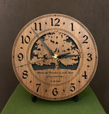 Round walnut clock with a tree and the words, "Patience and persistence are at the heart of every good thing" lasered on face - 8" on easel