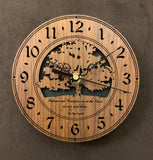 Round walnut clock with a tree and the words, "Patience and persistence are at the heart of every good thing" lasered on face - 6.5" size