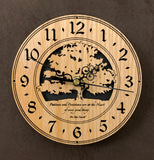 Round oak clock with a tree and the words, "Patience and persistence are at the heart of every good thing" lasered on face - 6.5" size