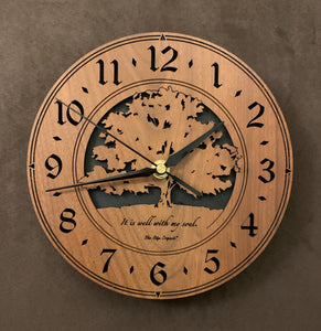 Round walnut clock with a tree and the words, "It is well with my soul" lasered on face - larger sizes