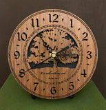 Round walnut clock with a tree and the words, "It is well with my soul" lasered on face - 6.5" size on easel
