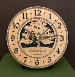Round oak clock with a tree and the words, "It is well with my soul" lasered on face - 6.5" on easel