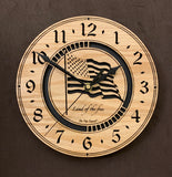 Round oak clock with a lasered American flag and black background with the words "Land of the free"  - 9.1" Size